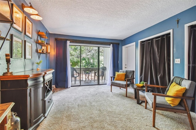 living area with carpet and a textured ceiling