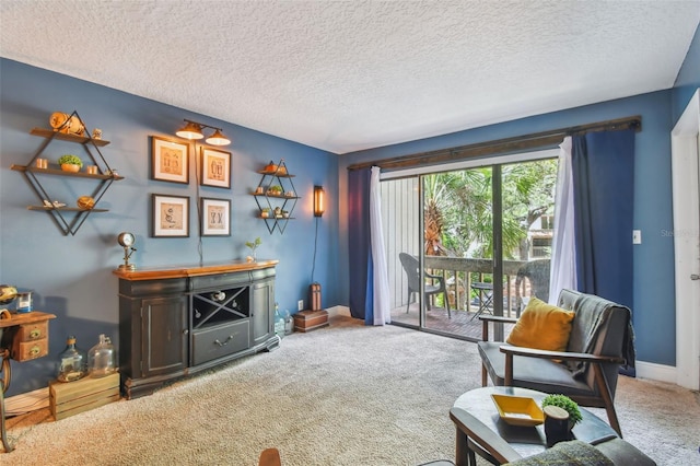 sitting room featuring carpet and a textured ceiling