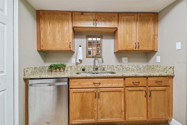 kitchen with sink, light stone countertops, and stainless steel dishwasher