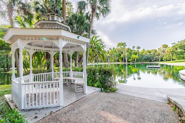 view of patio with a water view