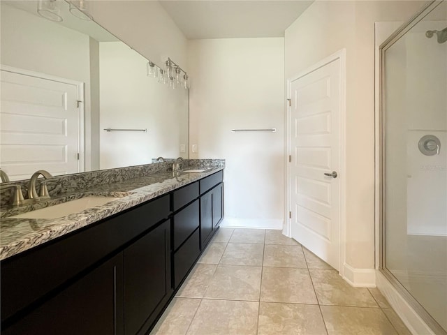 bathroom featuring tile patterned flooring, vanity, and a shower with door