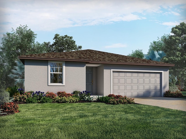 ranch-style house with a front yard and a garage