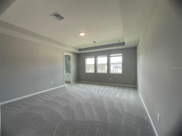 empty room with a raised ceiling, a textured ceiling, and carpet flooring