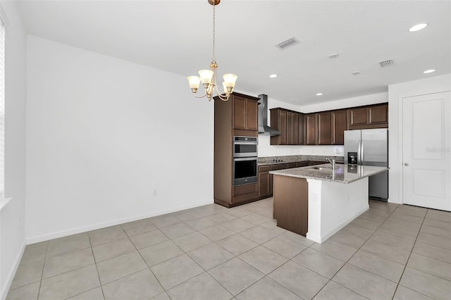 5115 Lake Hamlin Trl, Winter Garden, FL 34787 - kitchen with sink, wall chimney exhaust hood, light tile floors, and a kitchen island with sink