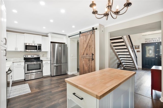 kitchen with dark hardwood / wood-style floors, a barn door, ornamental molding, and appliances with stainless steel finishes