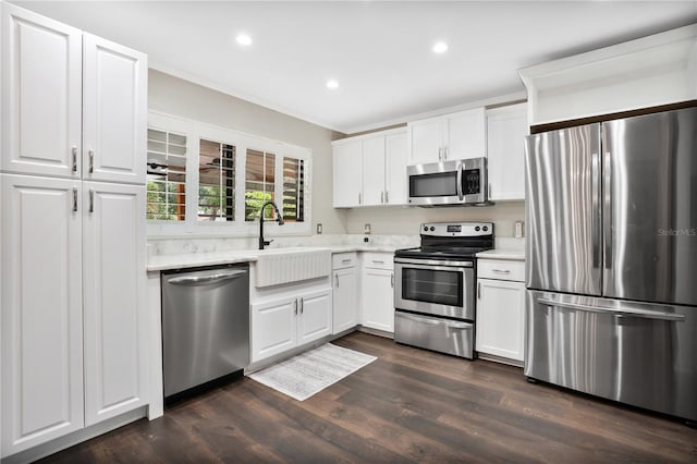 kitchen with white cabinetry, sink, dark wood-type flooring, and stainless steel appliances