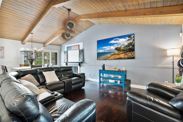 living room with wooden ceiling, lofted ceiling with beams, and dark wood-type flooring