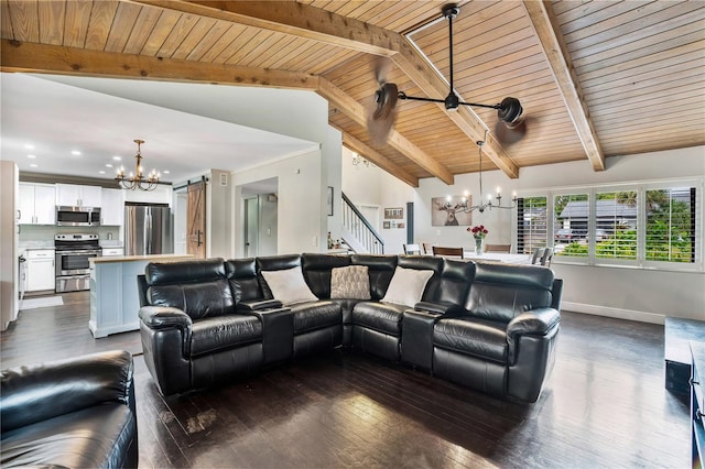 living room with beam ceiling, a notable chandelier, wood ceiling, and dark hardwood / wood-style flooring