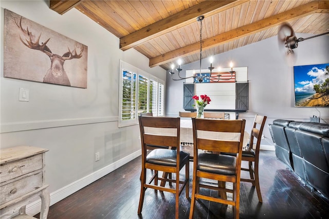 dining space with vaulted ceiling with beams, wood ceiling, an inviting chandelier, and wood-type flooring