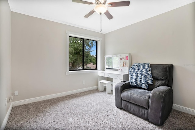 living area with ceiling fan and carpet floors