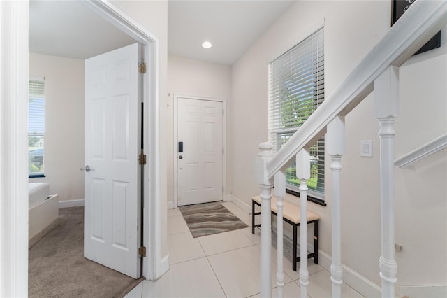 foyer entrance featuring light carpet and a wealth of natural light