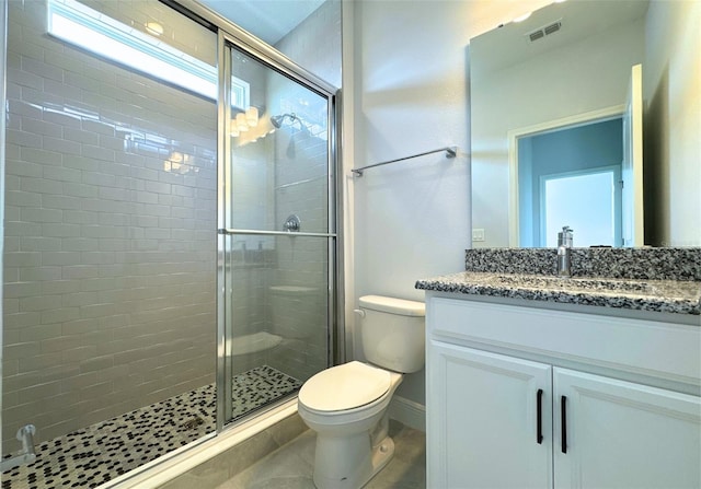 bathroom featuring vanity, toilet, and a shower with shower door