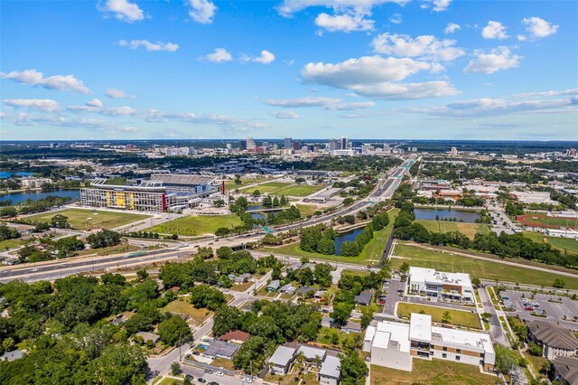 aerial view with a water view and a city view