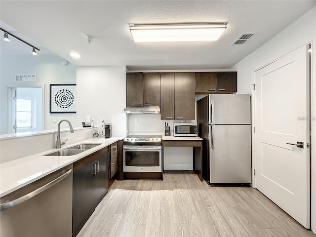 kitchen featuring dark brown cabinetry, stainless steel appliances, light hardwood / wood-style floors, and sink