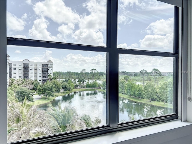 interior details featuring a water view