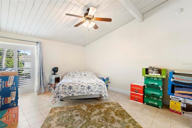 bedroom featuring vaulted ceiling with beams, tile floors, ceiling fan, and wooden ceiling