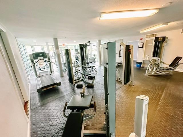 gym with a wall of windows