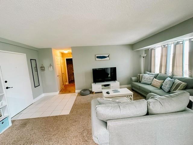 carpeted living room with a textured ceiling