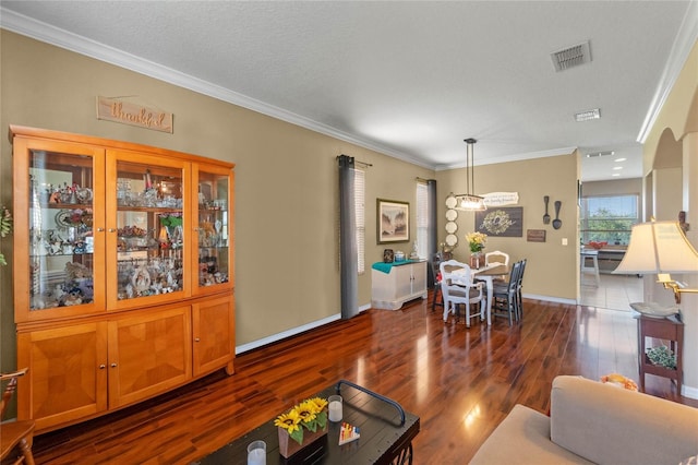 living room featuring a textured ceiling, dark hardwood / wood-style floors, and crown molding