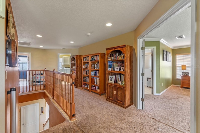 hall featuring light carpet, a wealth of natural light, and a textured ceiling