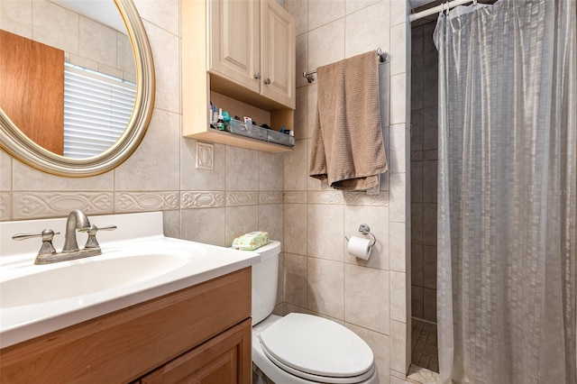 bathroom featuring a shower with curtain, vanity, tile walls, and toilet