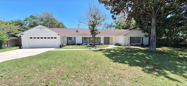 ranch-style house featuring a garage, concrete driveway, a chimney, fence, and a front yard