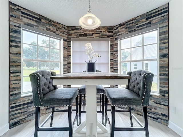 dining space with plenty of natural light, a textured ceiling, and light wood-type flooring