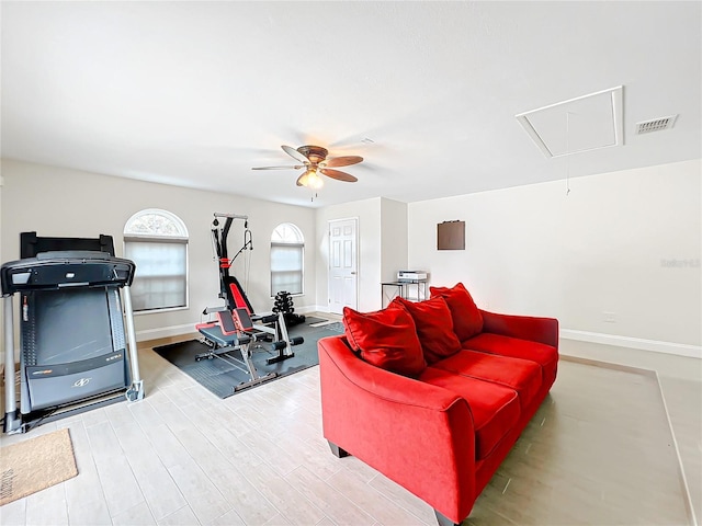 living room with ceiling fan and light wood-type flooring