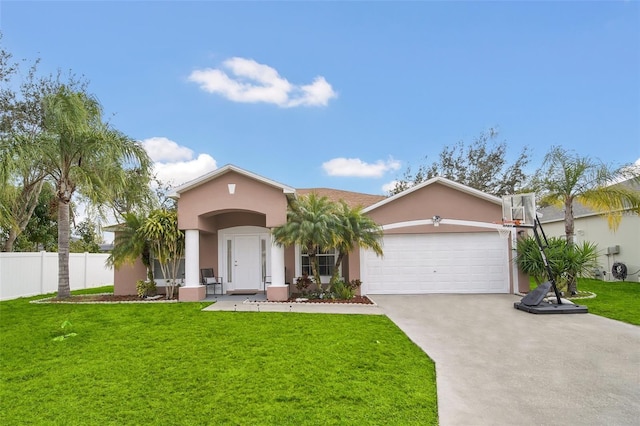 single story home with a garage and a front lawn