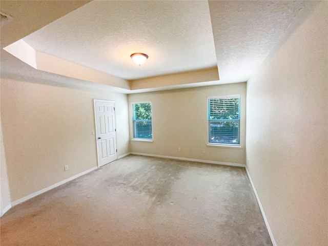 carpeted empty room with a raised ceiling and a textured ceiling