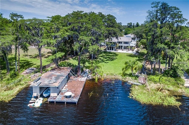 drone / aerial view featuring a water view