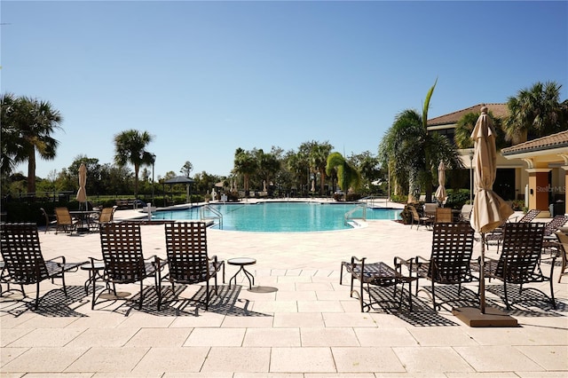 view of swimming pool with a patio