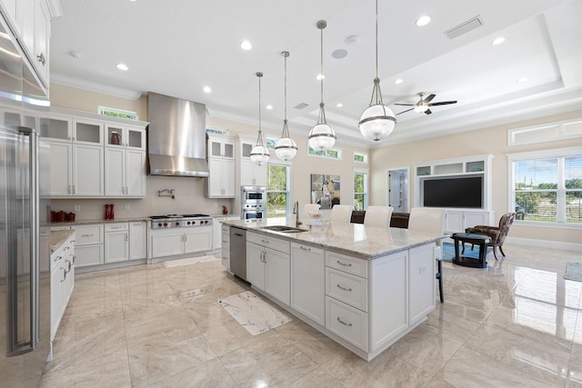 kitchen featuring appliances with stainless steel finishes, sink, an island with sink, a raised ceiling, and wall chimney exhaust hood