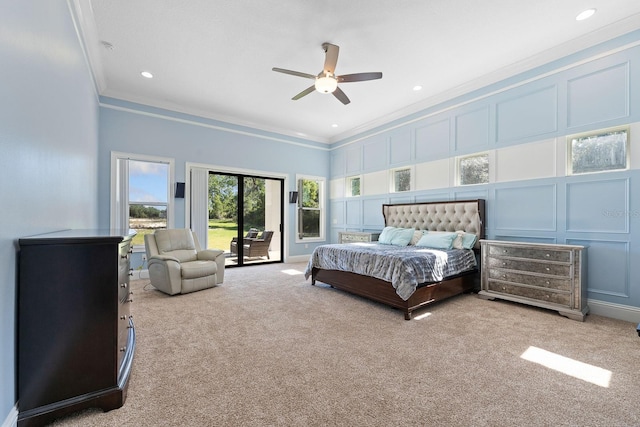 bedroom featuring access to outside, light carpet, ceiling fan, and ornamental molding