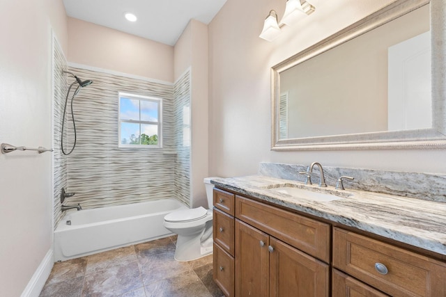 full bathroom with tiled shower / bath combo, vanity, tile patterned flooring, and toilet