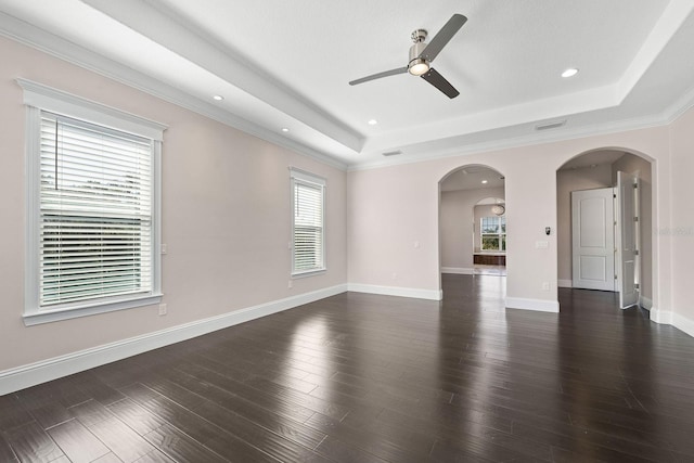 unfurnished room featuring plenty of natural light, a raised ceiling, and hardwood / wood-style floors