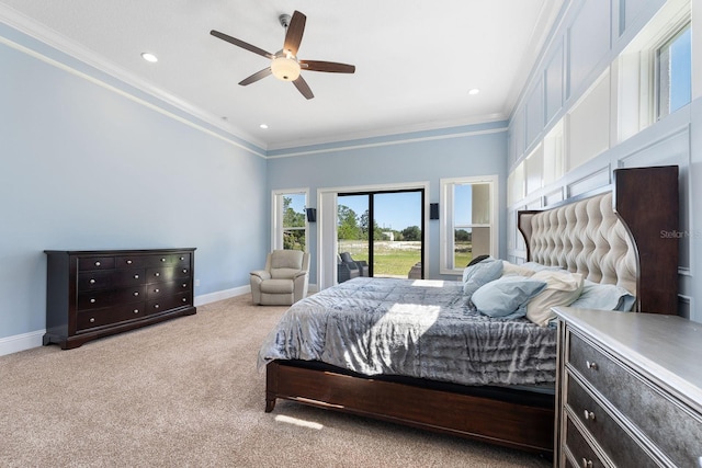 bedroom with light carpet, crown molding, and ceiling fan