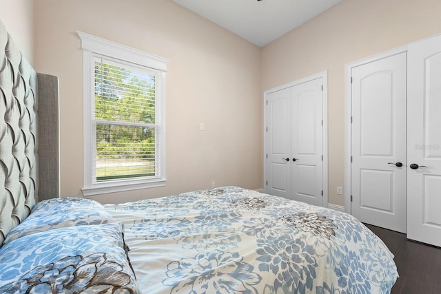 bedroom with multiple closets and dark wood-type flooring