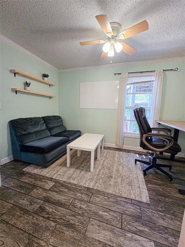 office area with crown molding, ceiling fan, and a textured ceiling