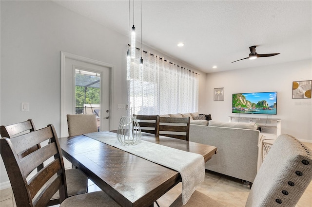 dining room featuring recessed lighting, ceiling fan, and light tile patterned floors