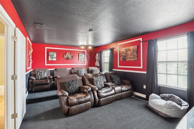 carpeted cinema with plenty of natural light and a textured ceiling