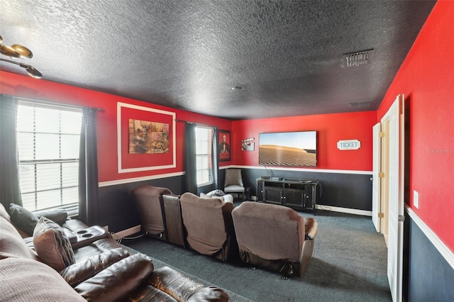 carpeted home theater room with a textured ceiling and a wealth of natural light