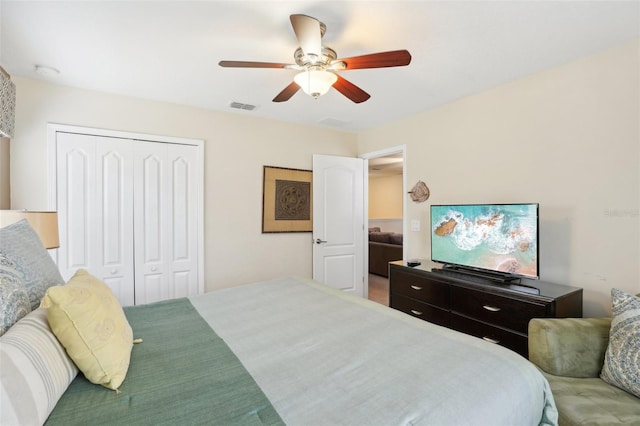 bedroom featuring ceiling fan and a closet