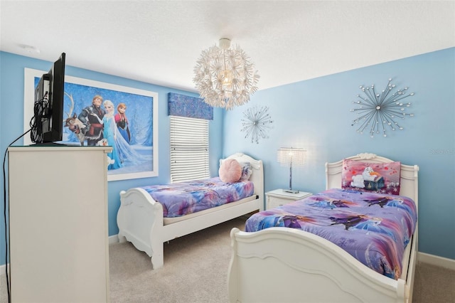 bedroom with light colored carpet and a notable chandelier