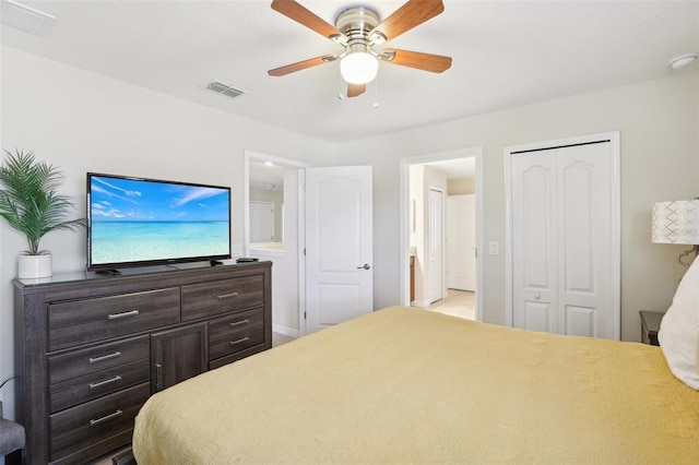 bedroom with ceiling fan, a closet, and ensuite bath