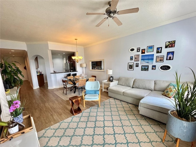 living room with a textured ceiling, crown molding, ceiling fan with notable chandelier, and hardwood / wood-style floors