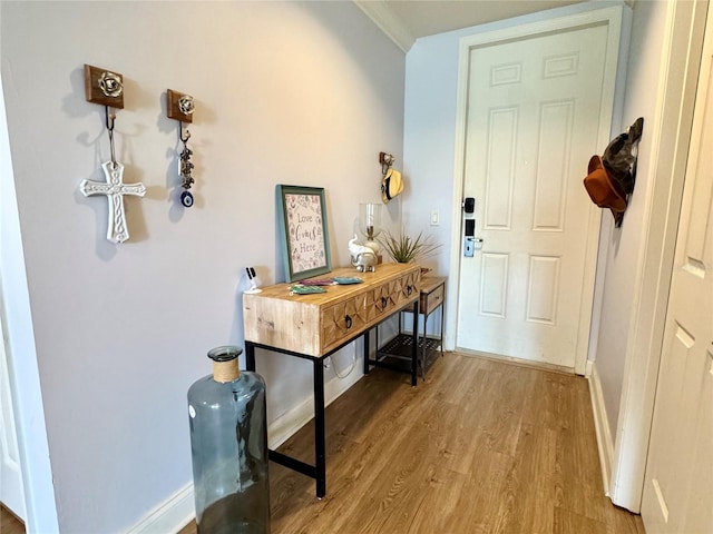 doorway featuring crown molding and light hardwood / wood-style flooring