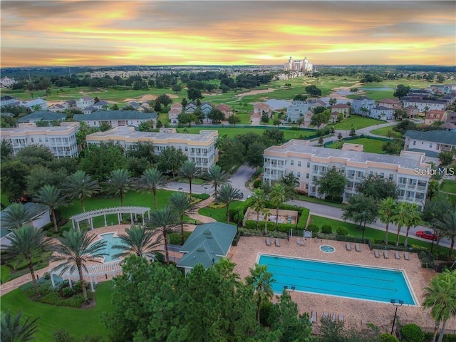 view of aerial view at dusk