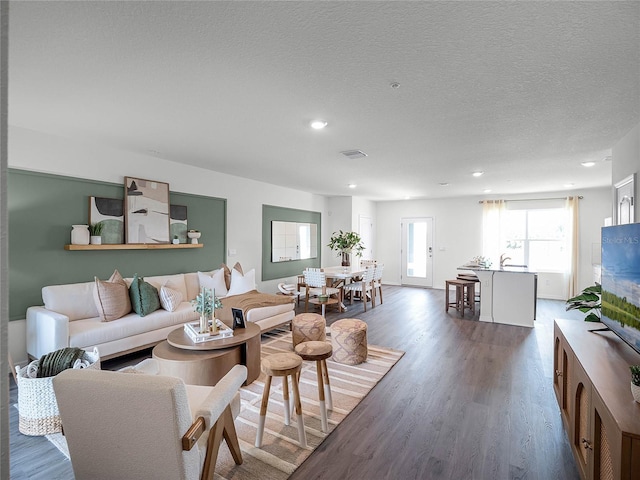 living room with a textured ceiling and dark hardwood / wood-style floors