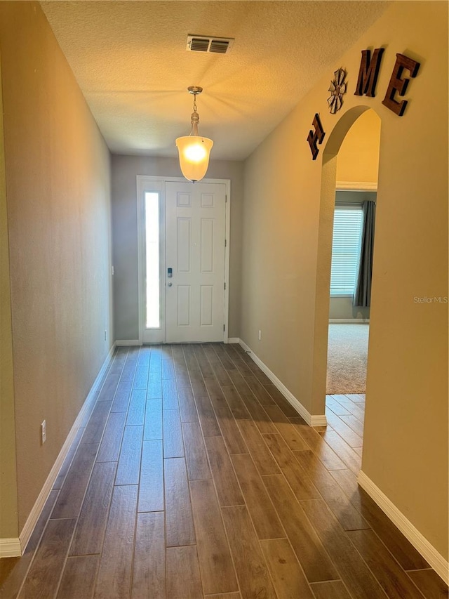 entryway featuring a textured ceiling, a healthy amount of sunlight, and dark wood-type flooring